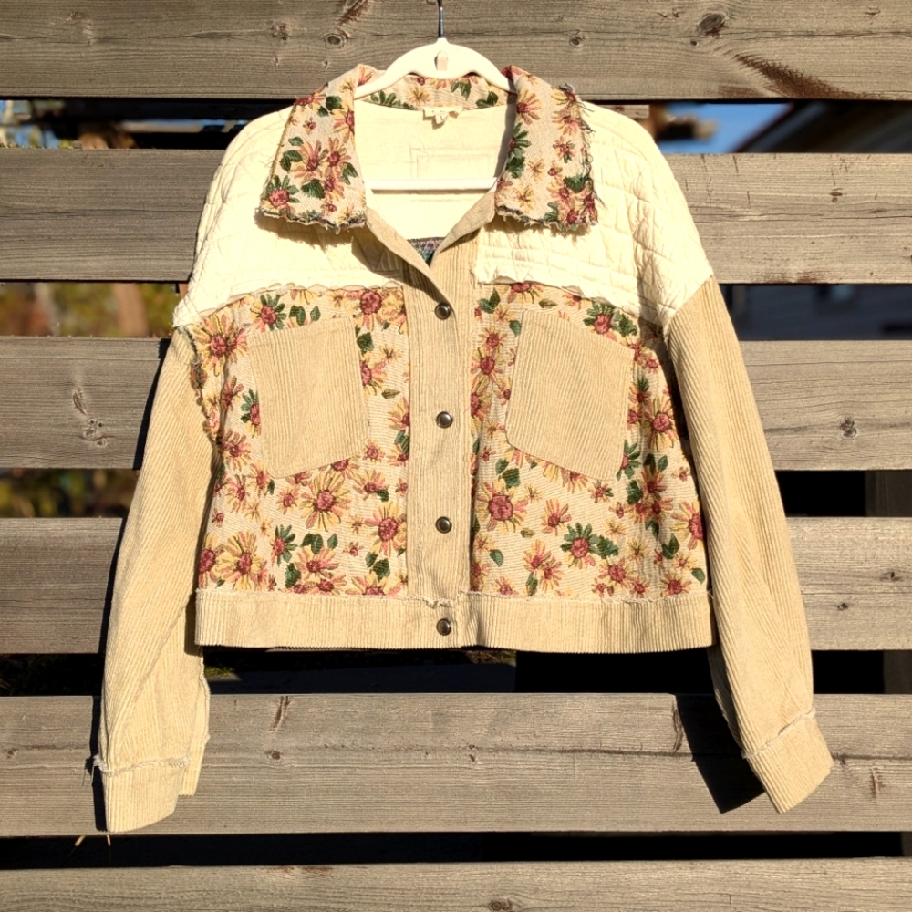 POL Anthropology Mixed Media Raw Edge Floral TapestrCorduroy Women's Jean Jacket